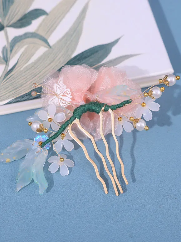 Chinese Style Lolita Accessories Pink Flowers Pearls Headwear Metal Miscellaneous