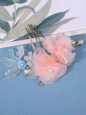 Chinese Style Lolita Accessories Pink Flowers Pearls Headwear Metal Miscellaneous