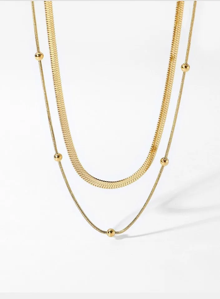 Ciara 18K Gold Plated Layered Herringbone   Ball Chain Necklace