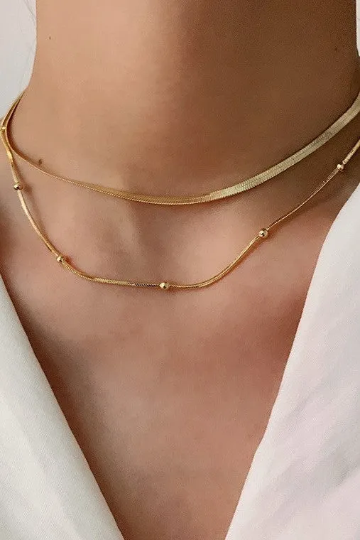 Ciara 18K Gold Plated Layered Herringbone   Ball Chain Necklace