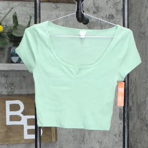 Colsie Women's Notch Collar Neck Short Sleeve Lounge Cropped T-Shirt Green M