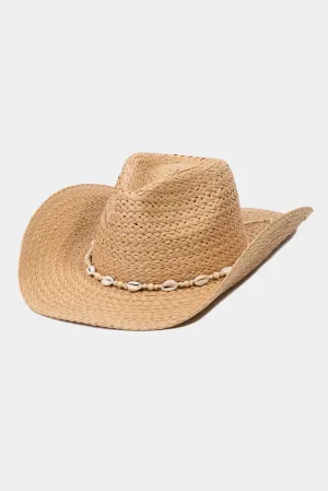 Cowrie Shell Straw Braided Cowboy Hat in Khaki