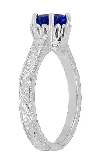 Crown Filigree Scrolls Art Deco Lab Created Blue Sapphire Promise Ring in Sterling Silver