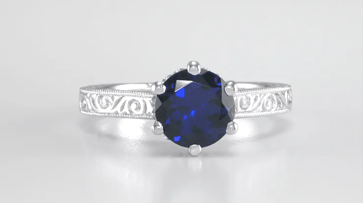 Crown Filigree Scrolls Art Deco Lab Created Blue Sapphire Promise Ring in Sterling Silver