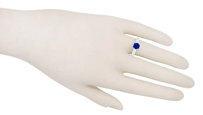 Crown Filigree Scrolls Art Deco Lab Created Blue Sapphire Promise Ring in Sterling Silver