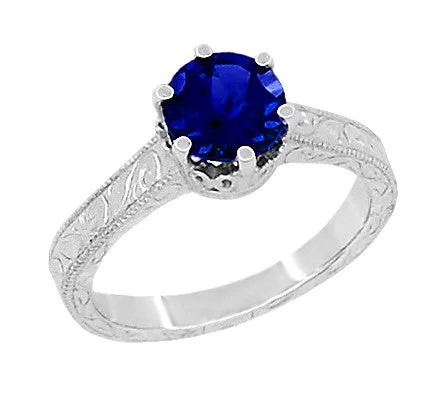 Crown Filigree Scrolls Art Deco Lab Created Blue Sapphire Promise Ring in Sterling Silver