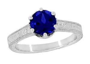 Crown Filigree Scrolls Art Deco Lab Created Blue Sapphire Promise Ring in Sterling Silver