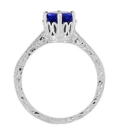 Crown Filigree Scrolls Art Deco Lab Created Blue Sapphire Promise Ring in Sterling Silver