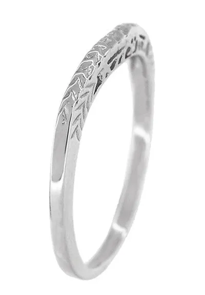 Crown of Leaves Art Deco Curved Filigree Engraved Wedding Band in 14K or 18K White Gold