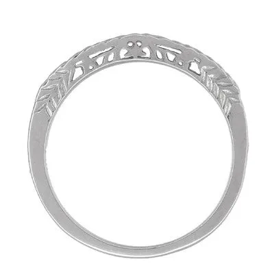 Crown of Leaves Art Deco Curved Filigree Engraved Wedding Band in 14K or 18K White Gold