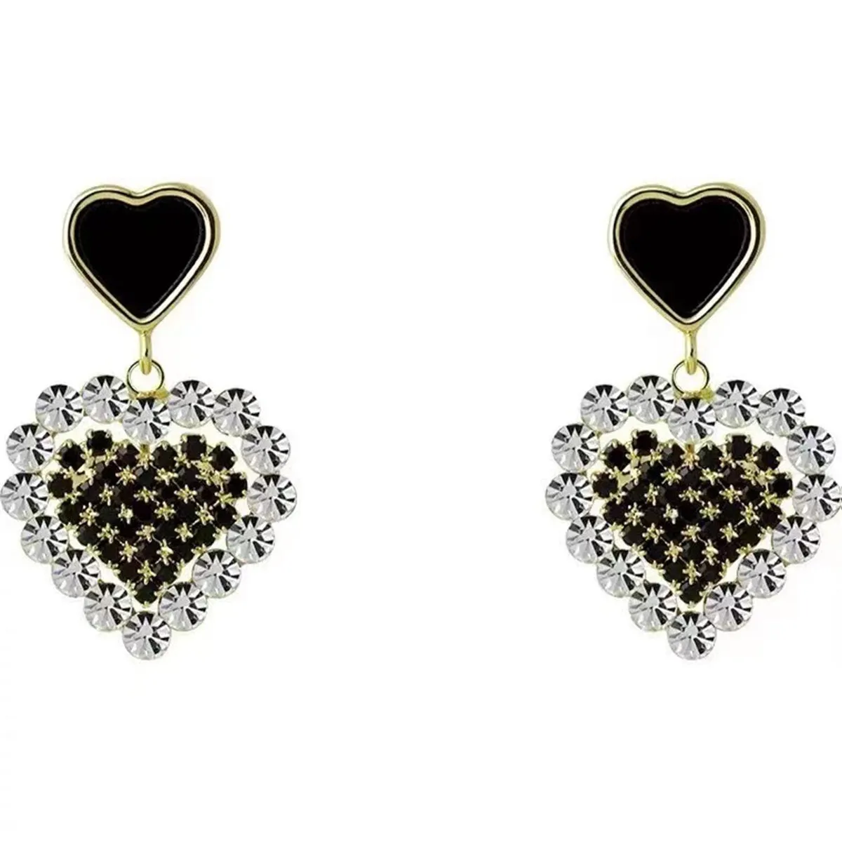 Cubic Zirconia & Black Enamel 18K Gold-Plated Heart Drop Earrings