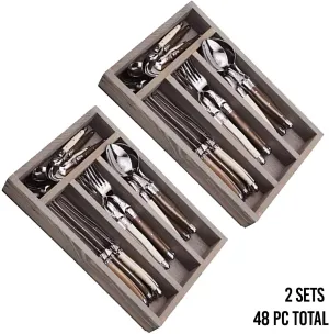 (D) Laguiole Flatware, Set Wood with Linen Handles in a Tray 24 Pc (2 PACK)