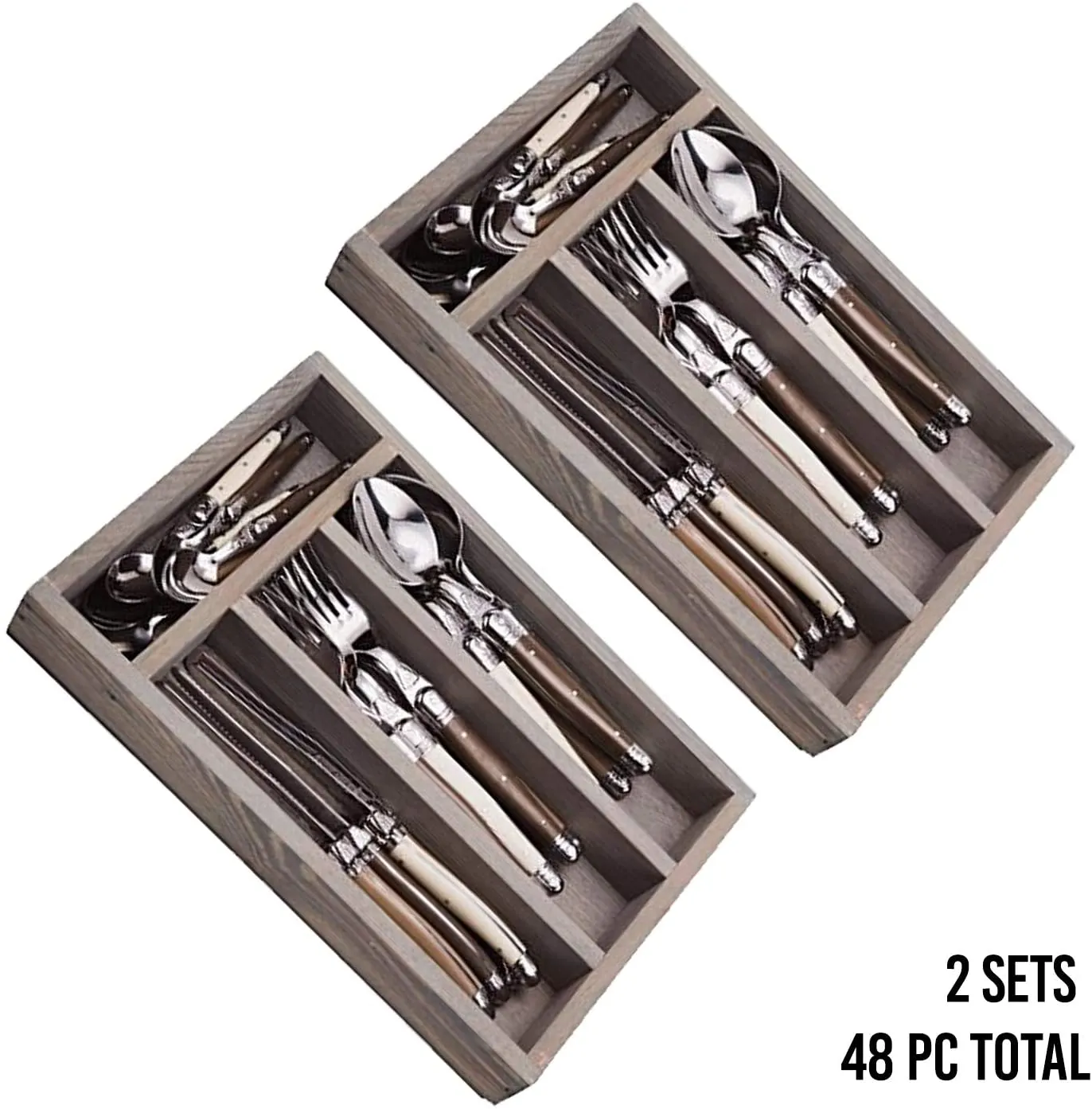 (D) Laguiole Flatware, Set Wood with Linen Handles in a Tray 24 Pc (2 PACK)