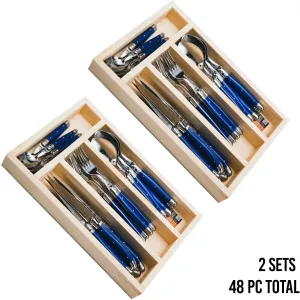 (D) Laguiole French, Flatware Set with 24-pc, Vintage (2 PACK) (Blue)