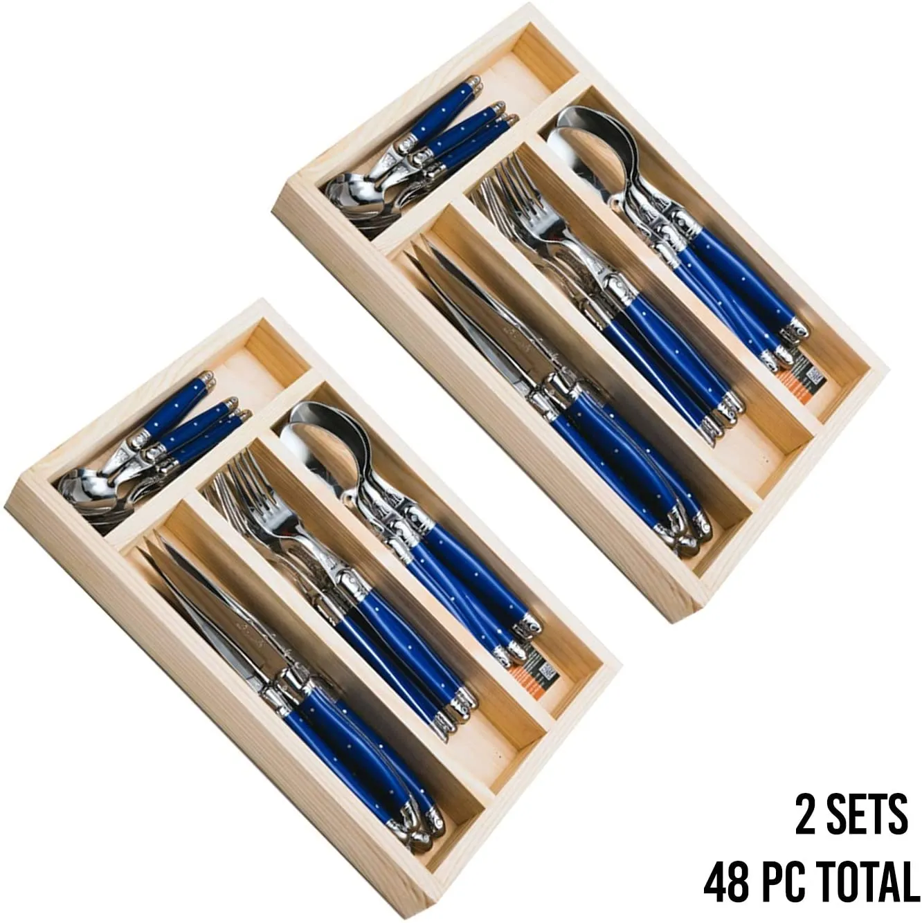 (D) Laguiole French, Flatware Set with 24-pc, Vintage (2 PACK) (Blue)