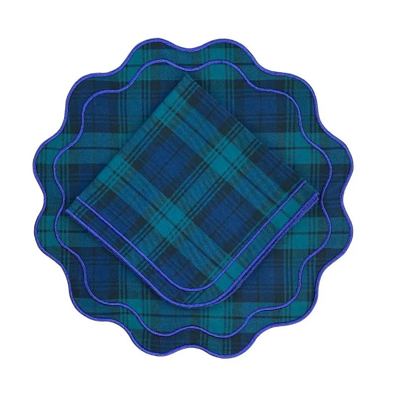 Darcy Napkin / Blackwatch Plaid with Blue Embroidery (Set of 4)