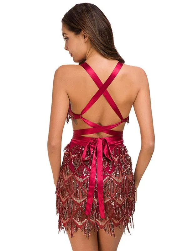 Deep V Sequin Back Cross Mini Dress