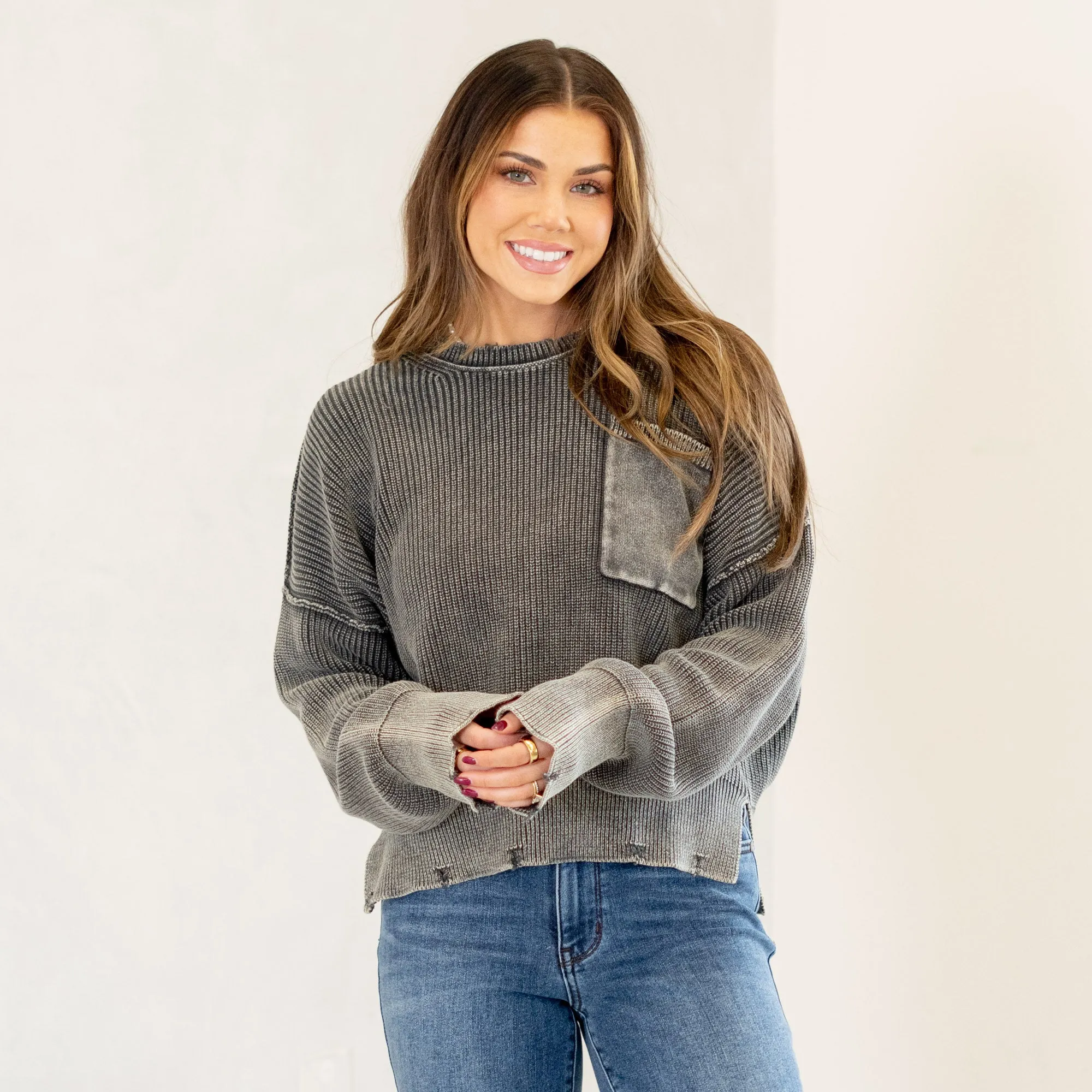 Distressed Hem Round Neck Dropped Shoulder Sweater