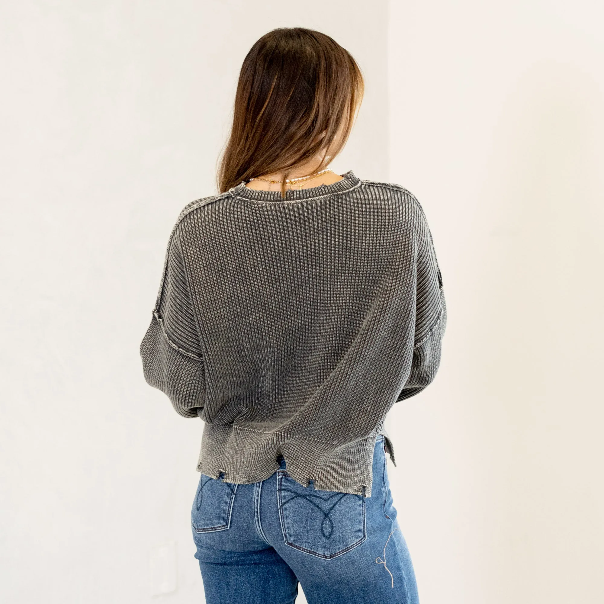 Distressed Hem Round Neck Dropped Shoulder Sweater