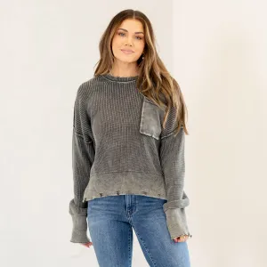 Distressed Hem Round Neck Dropped Shoulder Sweater