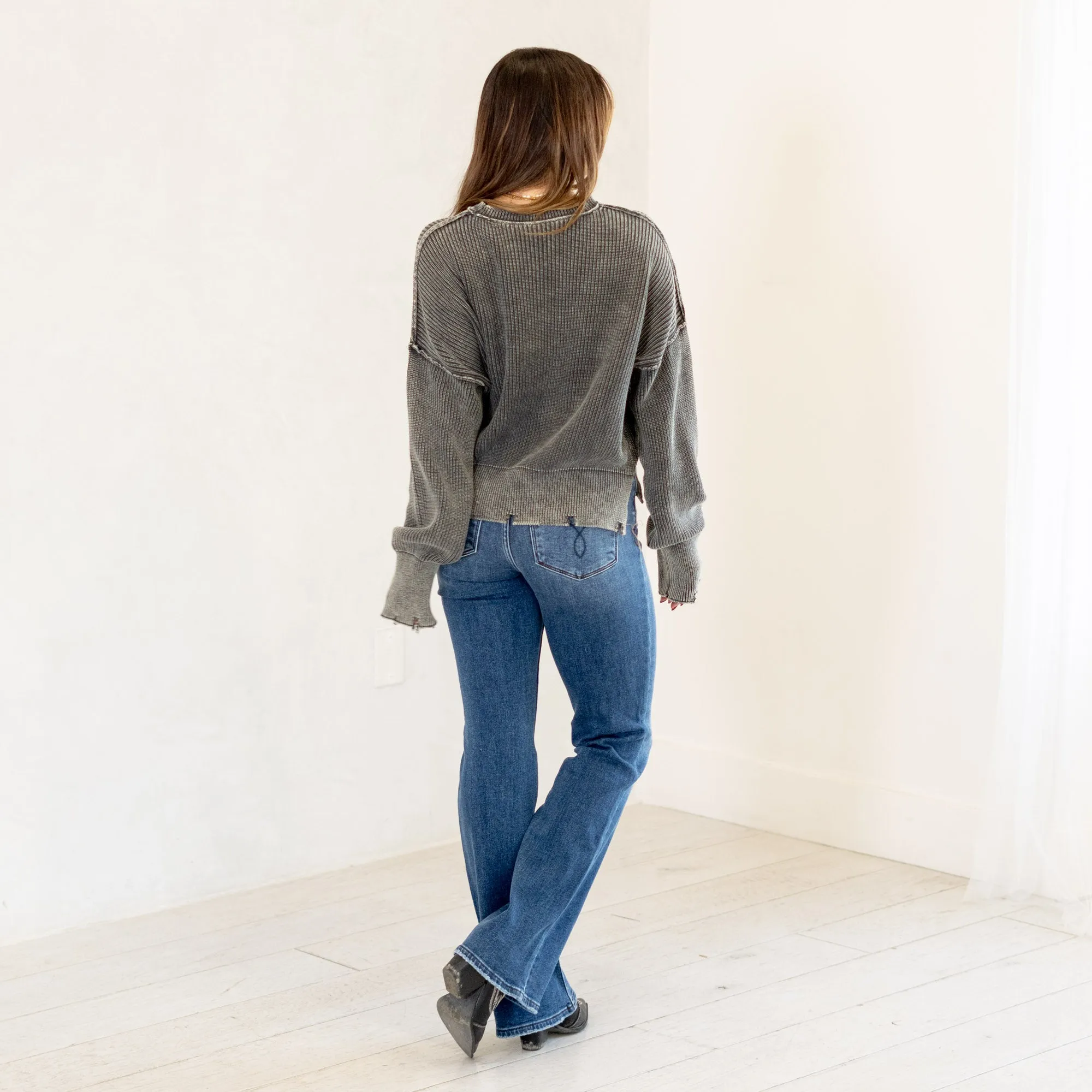 Distressed Hem Round Neck Dropped Shoulder Sweater