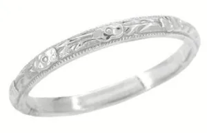 Edwardian Heirloom Roses and Evergreen Leaves Wedding Band in Platinum