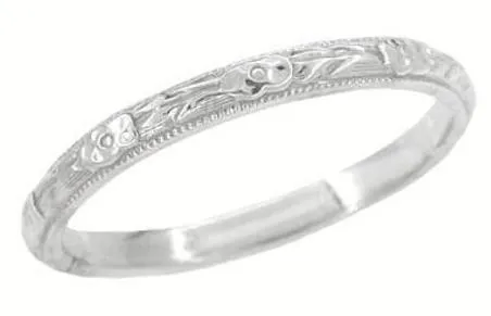 Edwardian Heirloom Roses and Evergreen Leaves Wedding Band in Platinum