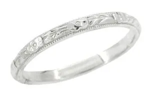 Edwardian Roses and Leaves Engraved Antique Design Wedding Band in White Gold