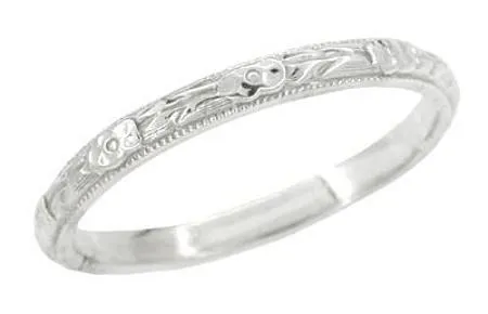 Edwardian Roses and Leaves Engraved Antique Design Wedding Band in White Gold