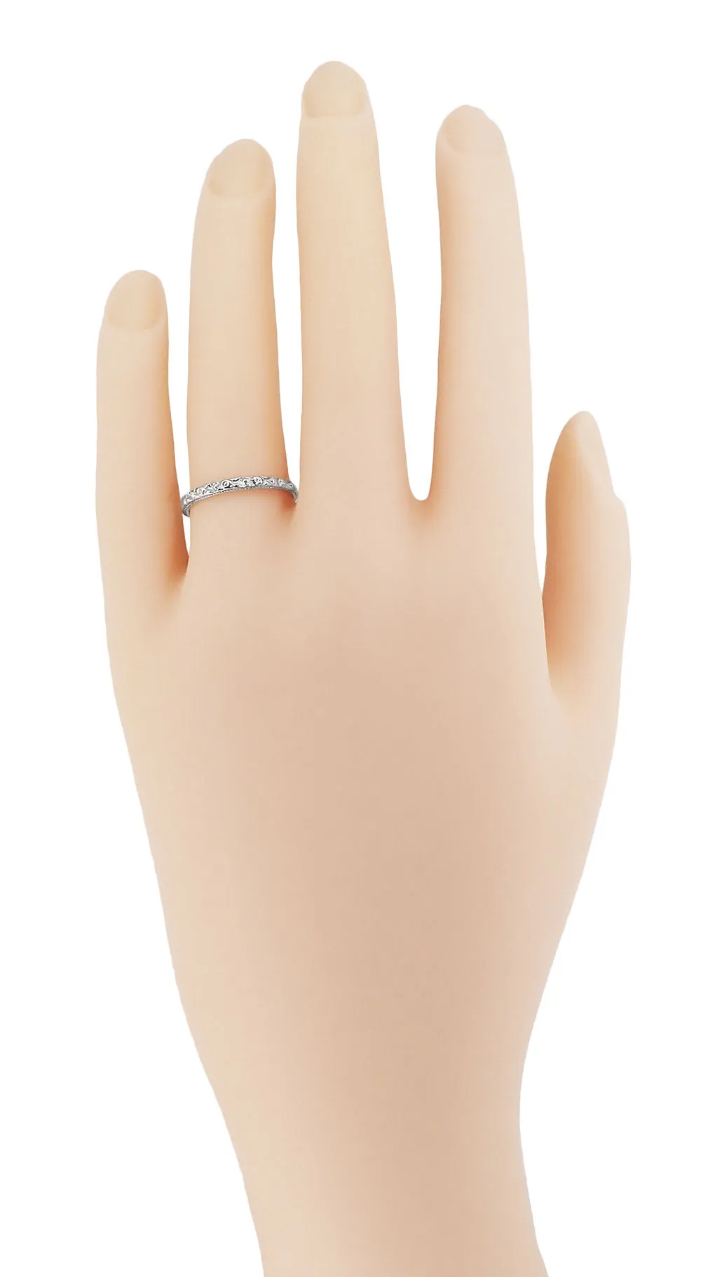 Edwardian Roses and Leaves Engraved Antique Design Wedding Band in White Gold