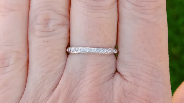 Edwardian Roses and Leaves Engraved Antique Design Wedding Band in White Gold