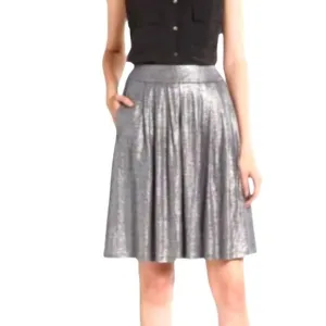 Eileen Fisher Ash Organic Linen Jersey Shimmer Skirt Short Pockets Silver Gray S
