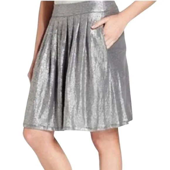 Eileen Fisher Ash Organic Linen Jersey Shimmer Skirt Short Pockets Silver Gray S