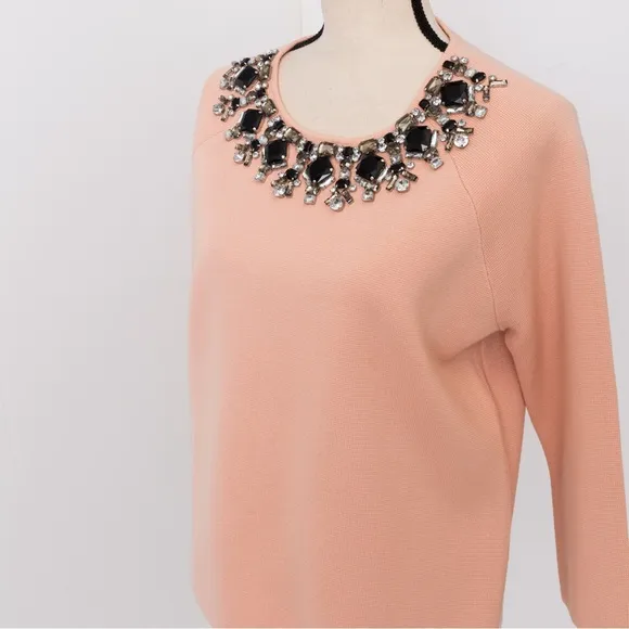 Embellished retro sweater peach fuzz shade 3/4 length wool blend rhinestones M