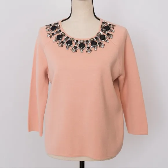 Embellished retro sweater peach fuzz shade 3/4 length wool blend rhinestones M