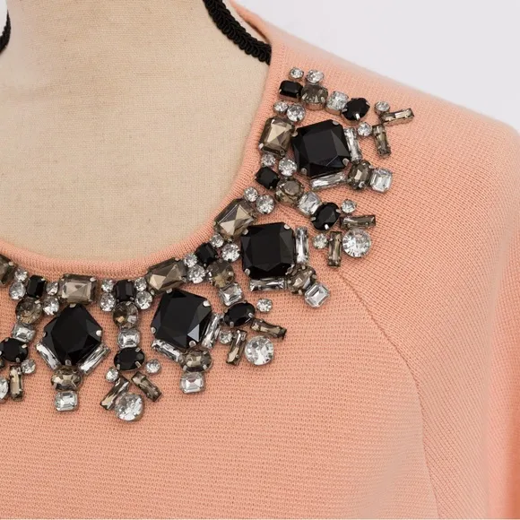 Embellished retro sweater peach fuzz shade 3/4 length wool blend rhinestones M