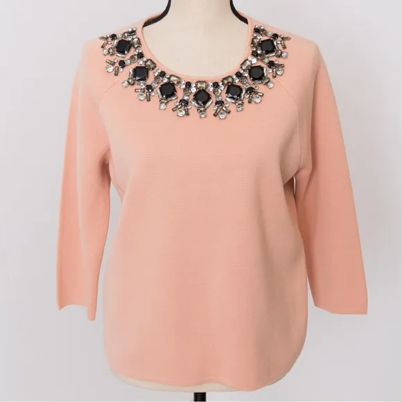 Embellished retro sweater peach fuzz shade 3/4 length wool blend rhinestones M