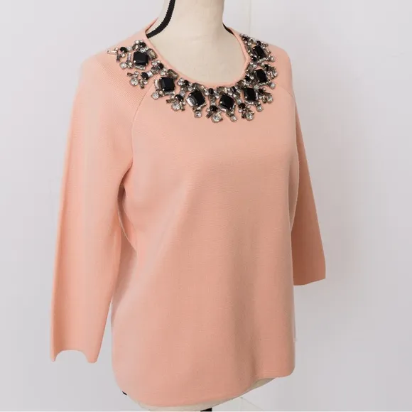 Embellished retro sweater peach fuzz shade 3/4 length wool blend rhinestones M