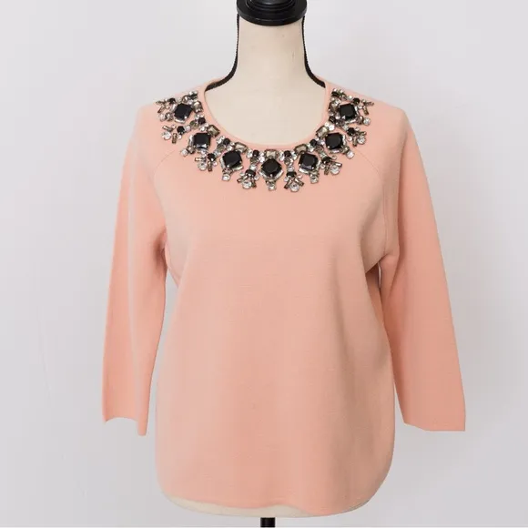Embellished retro sweater peach fuzz shade 3/4 length wool blend rhinestones M