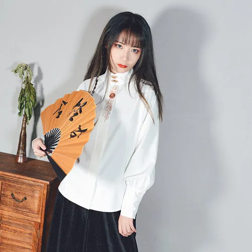 Embroidered Stand Collar Shirt Chinese Style Retro Design Shirt