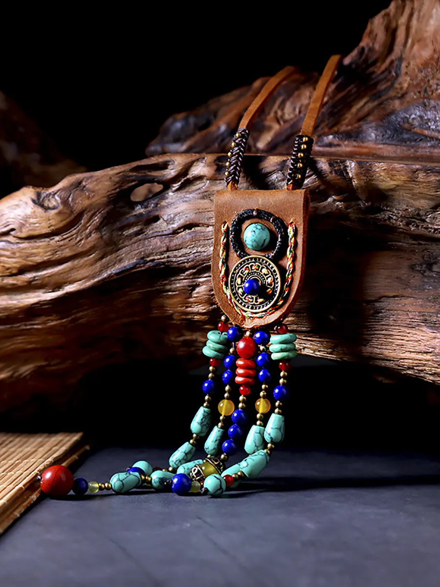 Ethinc Leather Turquoise Bead Alloy Tassel