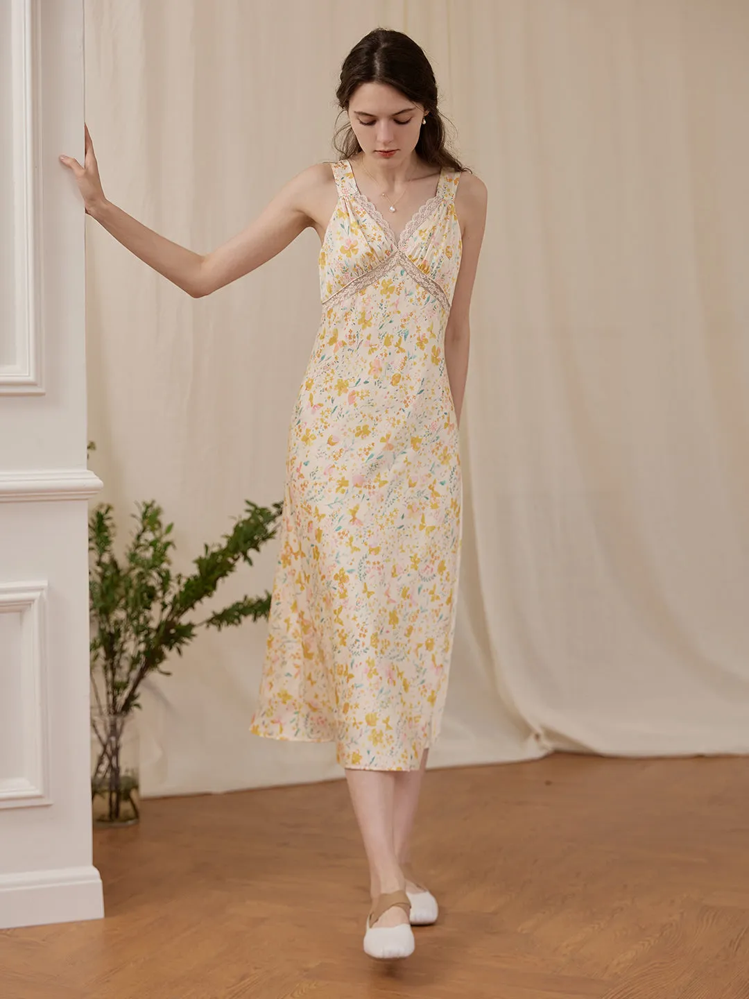 【Final Sale】Annie Printed Lace Yellow Midi Nightgown