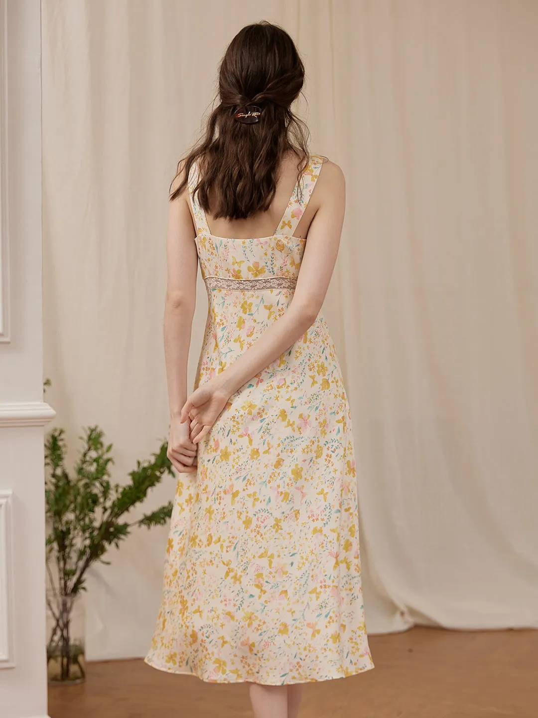【Final Sale】Annie Printed Lace Yellow Midi Nightgown