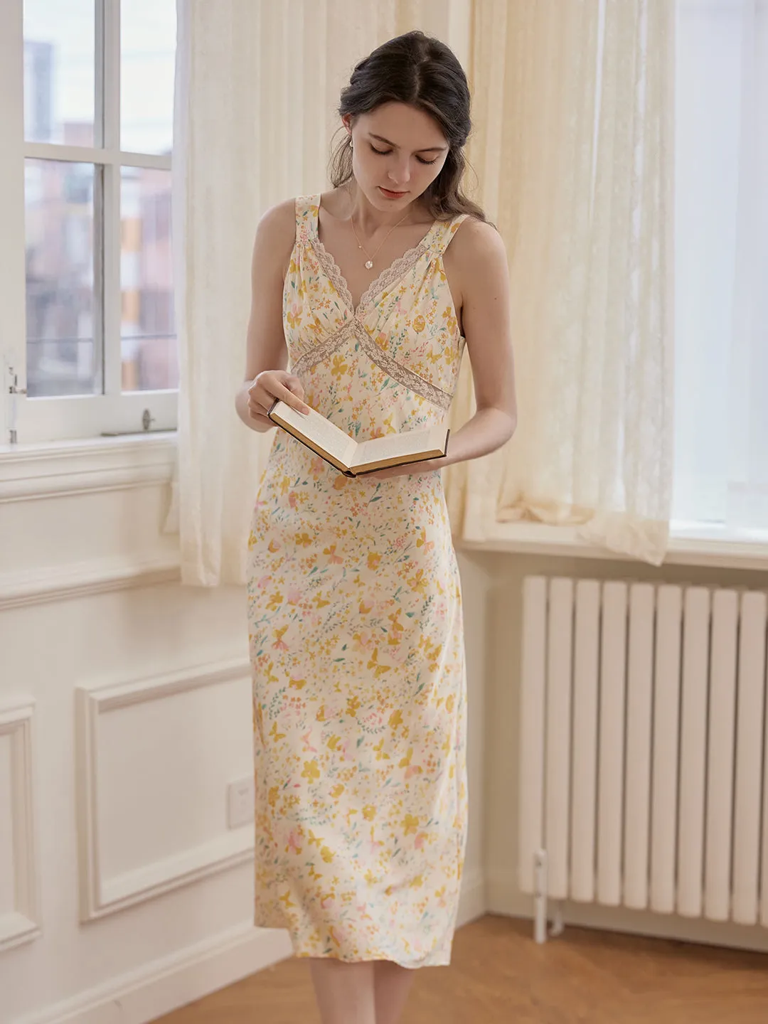 【Final Sale】Annie Printed Lace Yellow Midi Nightgown