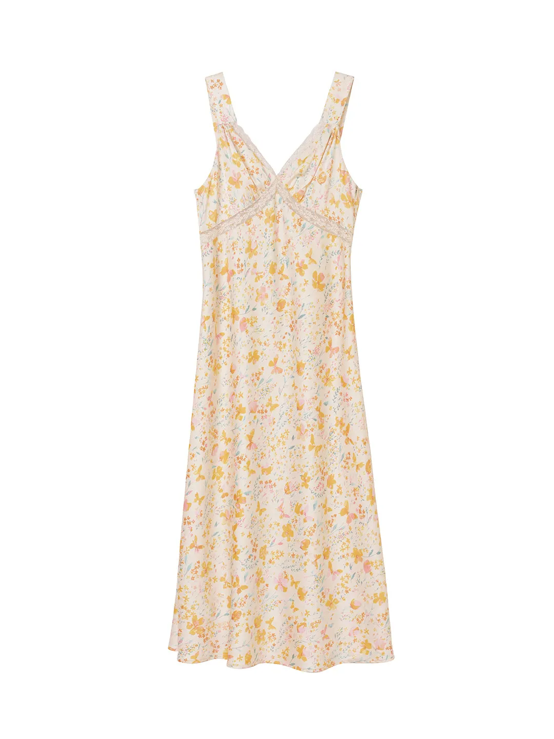 【Final Sale】Annie Printed Lace Yellow Midi Nightgown