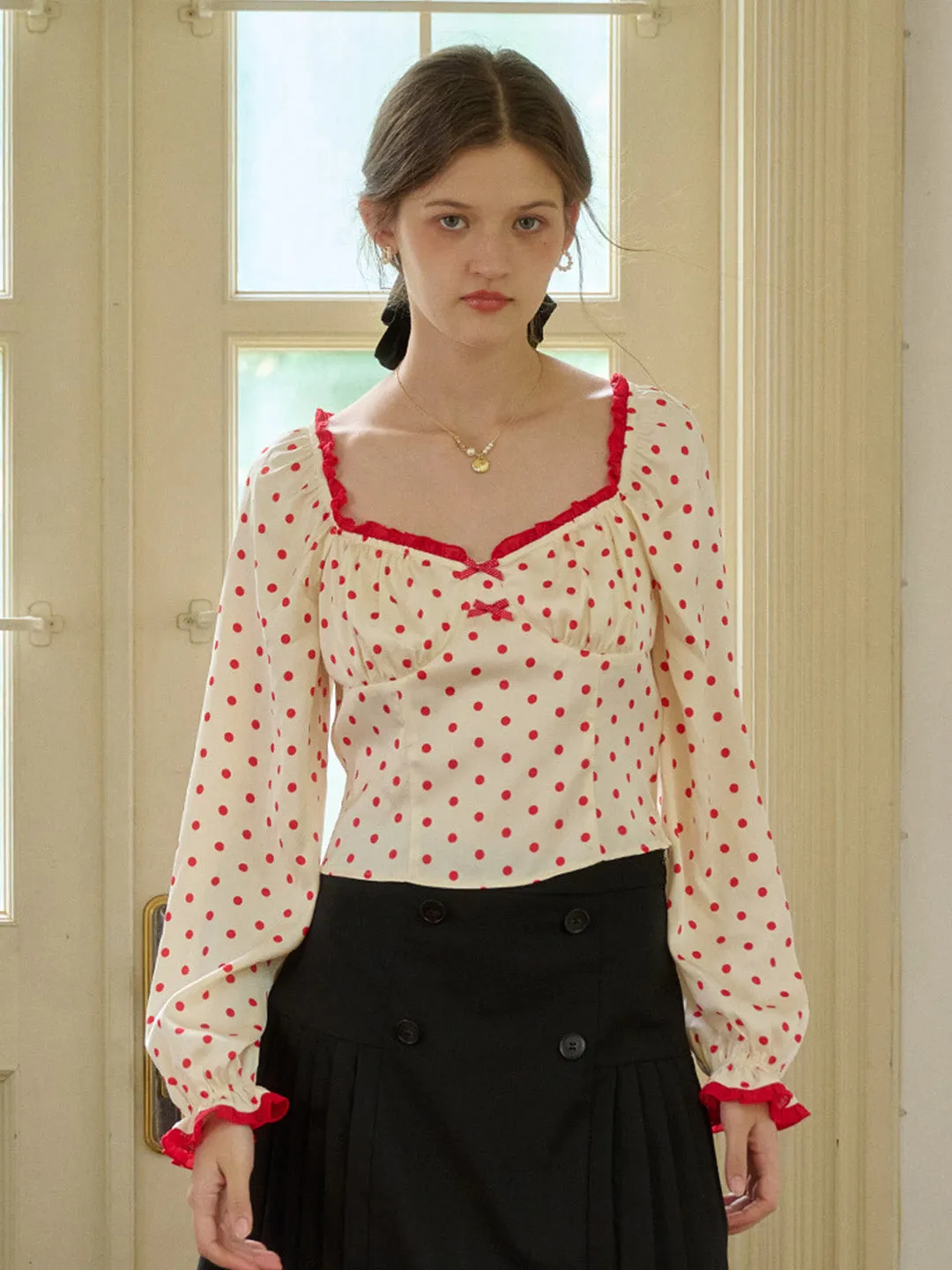 【Final Sale】Ashlynn Square Collar Contrasting Polka Dots Bow Blouse