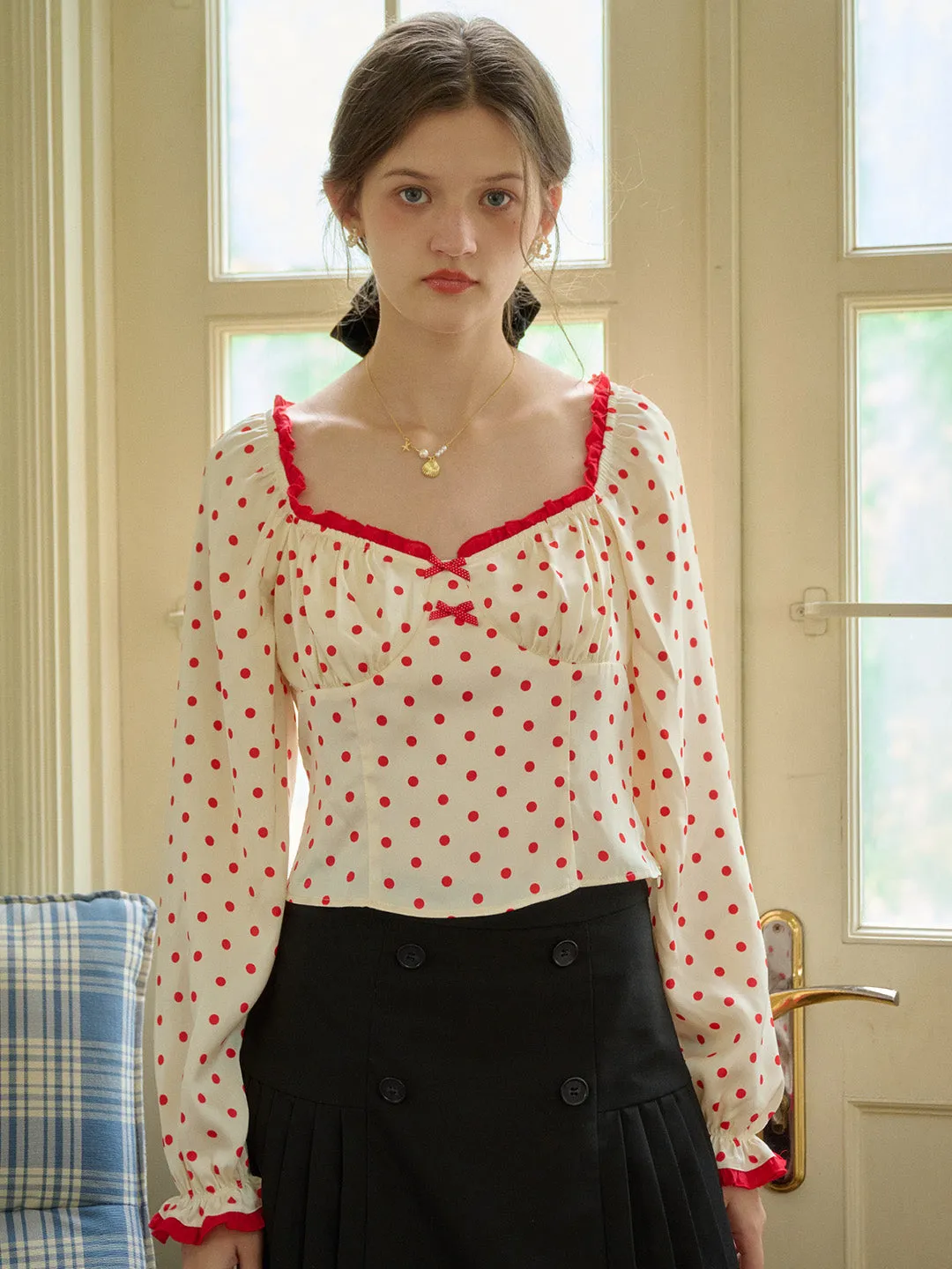 【Final Sale】Ashlynn Square Collar Contrasting Polka Dots Bow Blouse