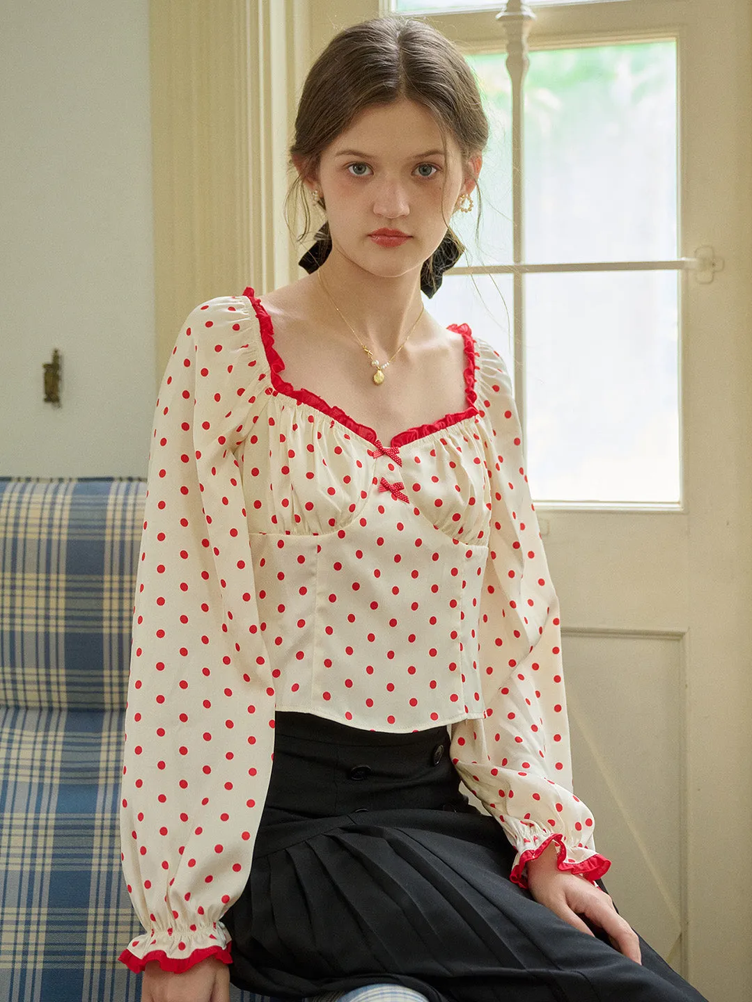 【Final Sale】Ashlynn Square Collar Contrasting Polka Dots Bow Blouse