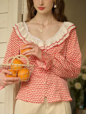 【Final Sale】Raelyn Patchwork Ruffle V Neck Heart Printed Blouse