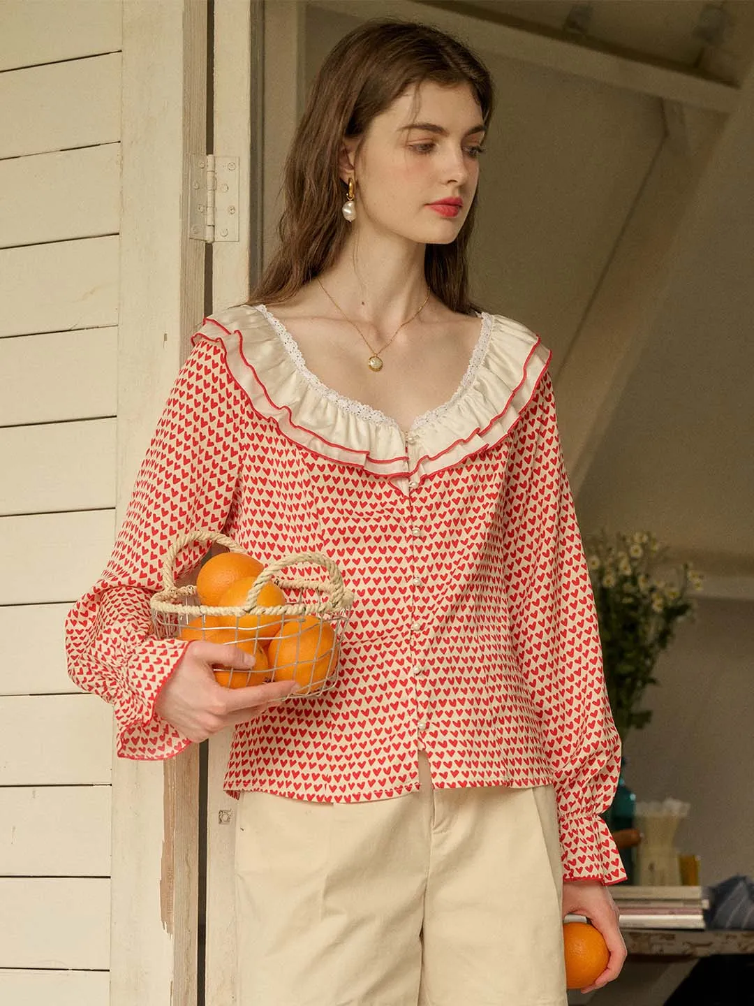 【Final Sale】Raelyn Patchwork Ruffle V Neck Heart Printed Blouse